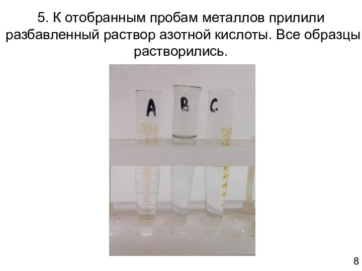 5. К отобранным пробам металлов прилили разбавленный раствор азотной кислоты. Все образцы растворились.