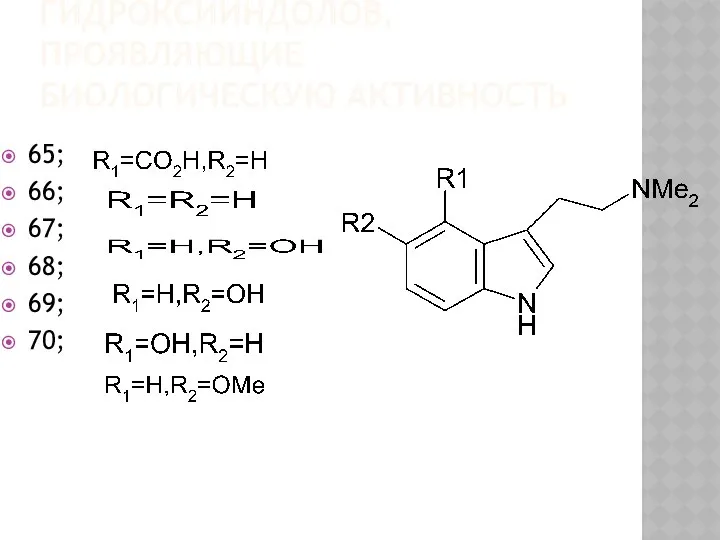 ПРОИЗВОДНЫЕ 5-ГИДРОКСИИНДОЛОВ,ПРОЯВЛЯЮЩИЕ БИОЛОГИЧЕСКУЮ АКТИВНОСТЬ 65; 66; 67; 68; 69; 70;