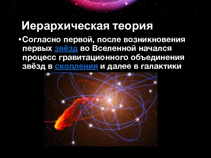 Иерархическая теория Согласно первой, после возникновения первых звёзд во Вселенной начался