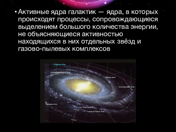 Активные ядра галактик — ядра, в которых происходят процессы, сопровождающиеся выделением