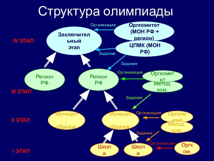 Структура олимпиады Школа Школа Муницип. образов. Муницип. образов. Оргкомитет Метод.ком. Оргком.