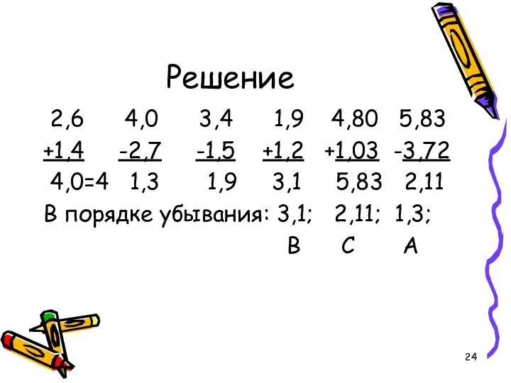 Решение 2,6 4,0 3,4 1,9 4,80 5,83 +1,4 -2,7 -1,5 +1,2