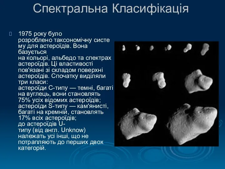 Спектральна Класифікація 1975 року було розроблено таксономічну систему для астероїдів. Вона