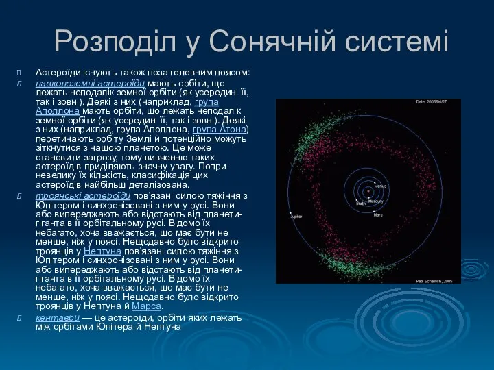 Розподіл у Сонячній системі Астероїди існують також поза головним поясом: навколоземні