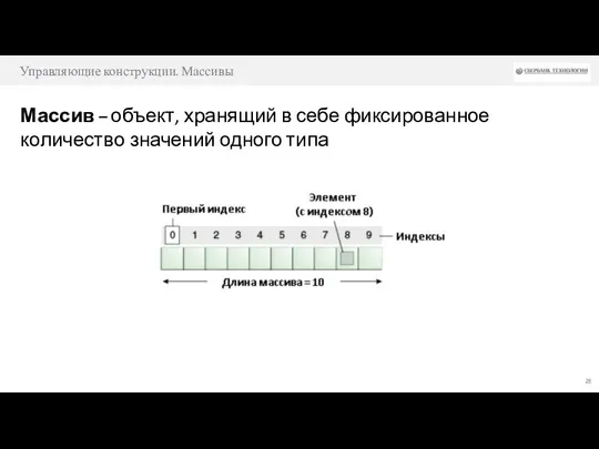 Управляющие конструкции. Массивы Массив – объект, хранящий в себе фиксированное количество значений одного типа