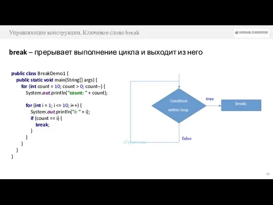 Управляющие конструкции. Ключевое слово break break – прерывает выполнение цикла и