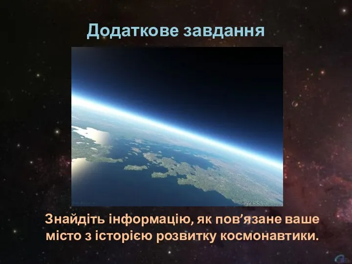 Додаткове завдання Знайдіть інформацію, як пов’язане ваше місто з історією розвитку космонавтики.