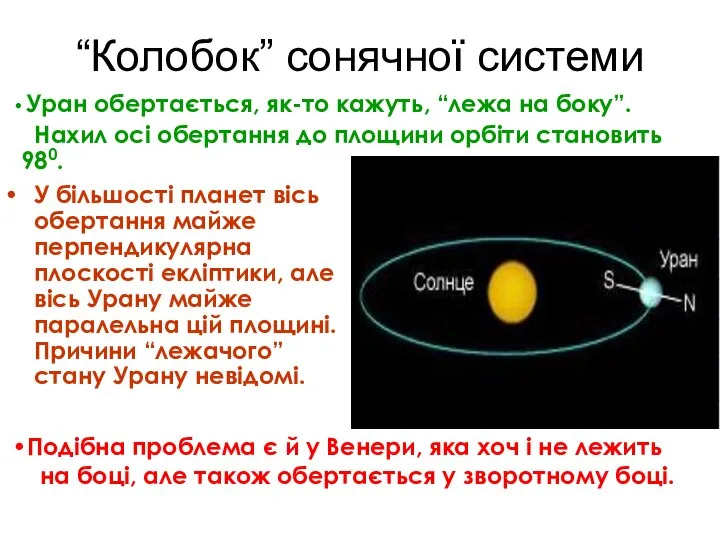 “Колобок” сонячної системи У більшості планет вісь обертання майже перпендикулярна плоскості