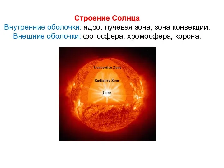 Строение Солнца Внутренние оболочки: ядро, лучевая зона, зона конвекции. Внешние оболочки: фотосфера, хромосфера, корона.