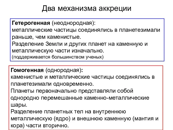 Два механизма аккреции Гомогенная (однородная): каменистые и металлические частицы соединялись в