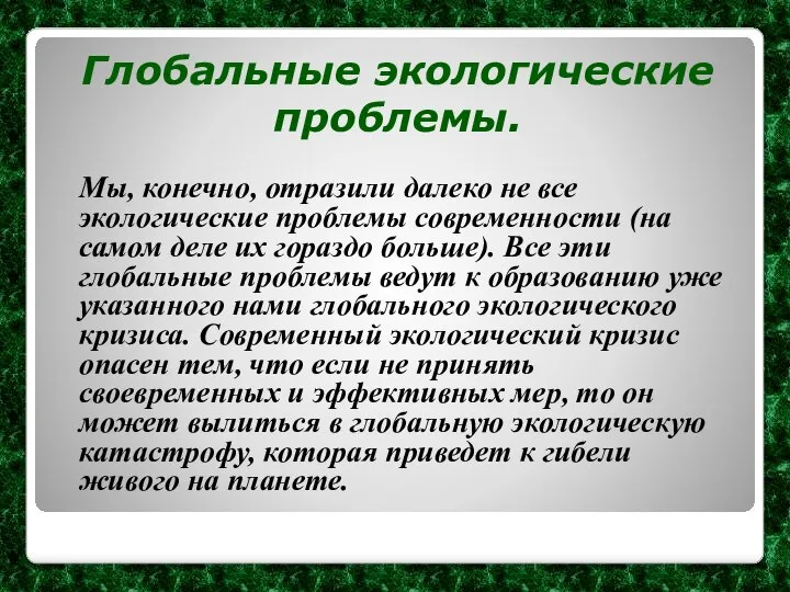 Мы, конечно, отразили далеко не все экологические проблемы современности (на самом