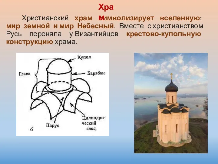 Христианский храм символизирует вселенную: мир земной и мир Небесный. Вместе с