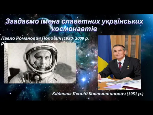 Згадаємо імена славетних українських космонавтів Павло Романович Попович (1930- 2009 р.р.) Каденюк Леонід Костянтинович (1951 р.)