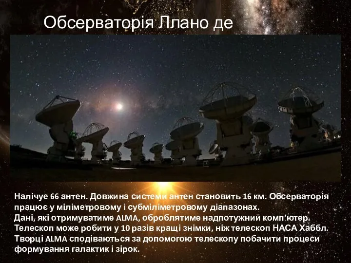 Обсерваторія Ллано де Чайнантор Налічуе 66 антен. Довжина системи антен становить