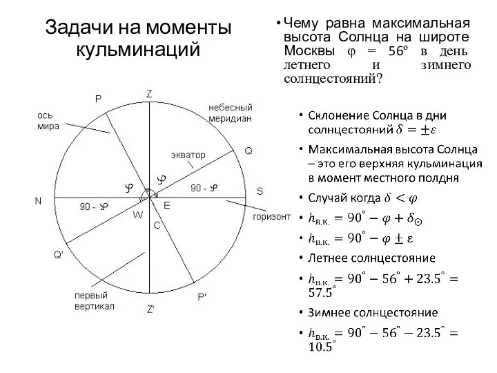 Задачи на моменты кульминаций Чему равна максимальная высота Солнца на широте