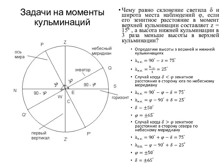 Задачи на моменты кульминаций Чему равно склонение светила δ и широта