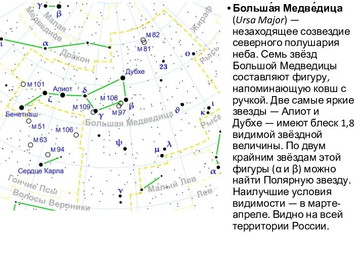 Больша́я Медве́дица (Ursa Major) — незаходящее созвездие северного полушария неба. Семь