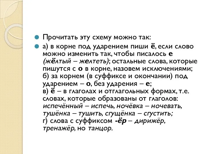 Прочитать эту схему можно так: а) в корне под ударением пиши