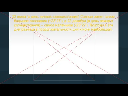 22 июня (в день летнего солнцестояния) Солнце имеет самое большое склонение