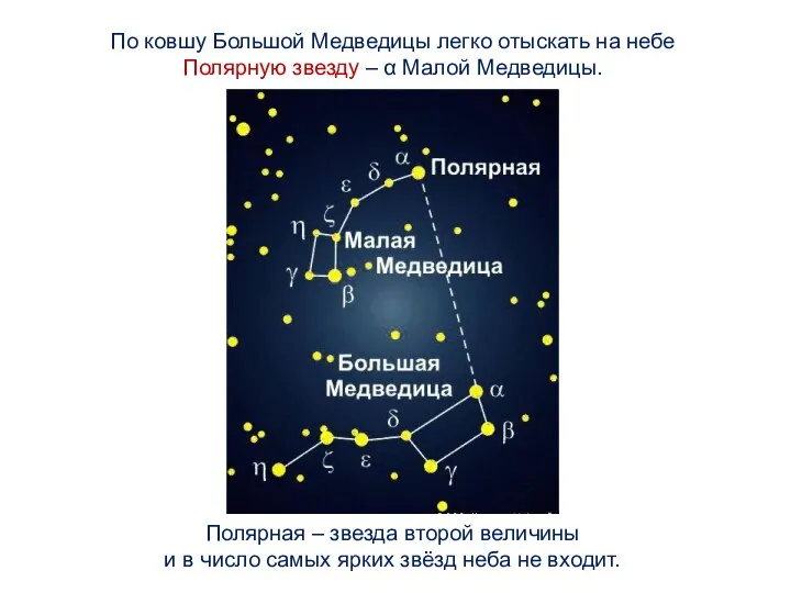 По ковшу Большой Медведицы легко отыскать на небе Полярную звезду –