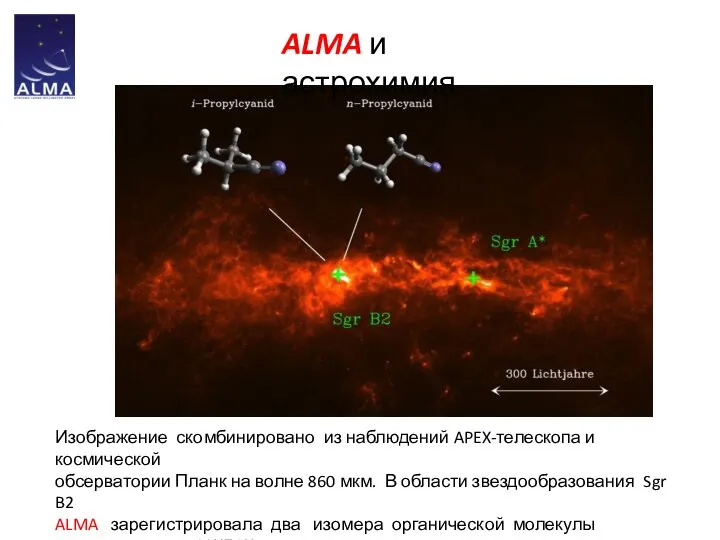 ALMA и астрохимия Изображение скомбинировано из наблюдений APEX-телескопа и космической обсерватории