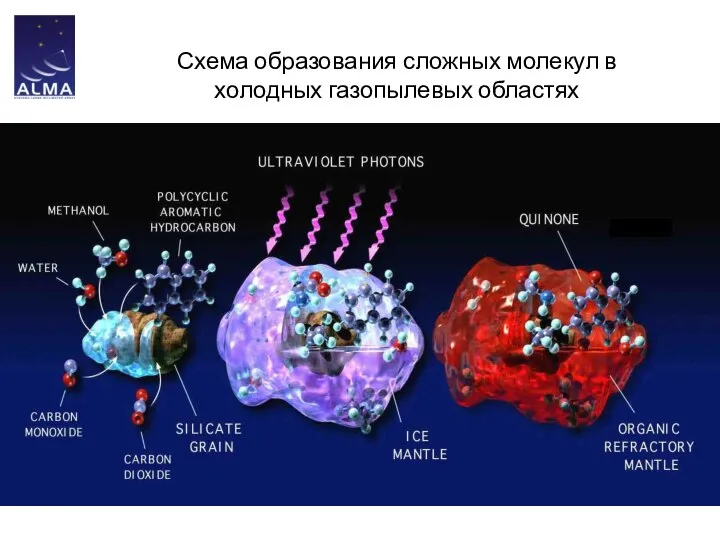 Схема образования сложных молекул в холодных газопылевых областях