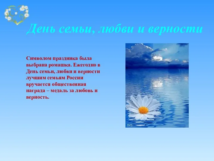 День семьи, любви и верности Символом праздника была выбрана ромашка. Ежегодно