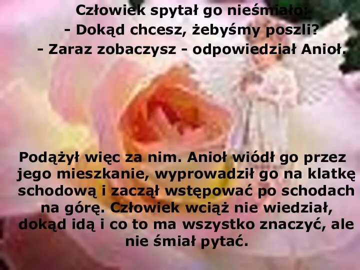 Człowiek spytał go nieśmiało: - Dokąd chcesz, żebyśmy poszli? - Zaraz