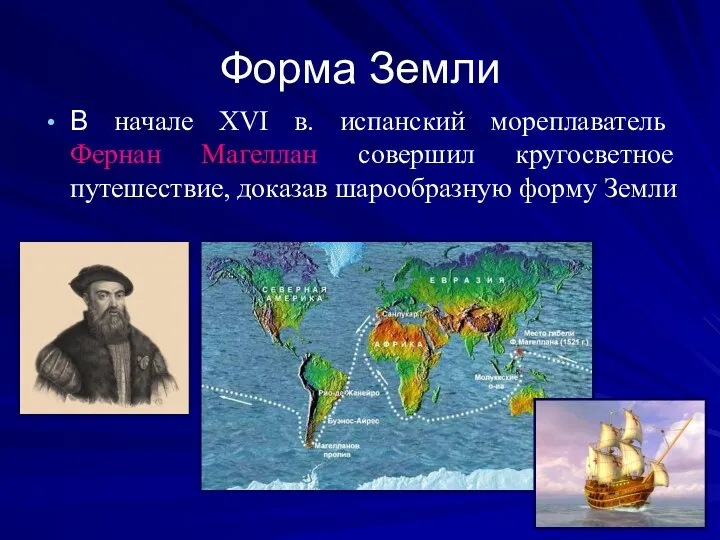 Форма Земли В начале XVI в. испанский мореплаватель Фернан Магеллан совершил