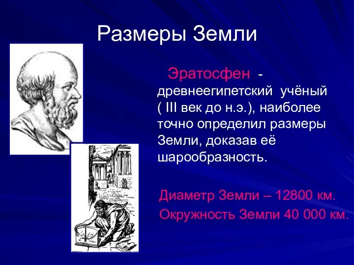 Размеры Земли Эратосфен -древнеегипетский учёный ( III век до н.э.), наиболее