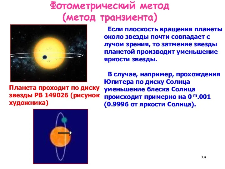 Фотометрический метод (метод транзиента) Если плоскость вращения планеты около звезды почти