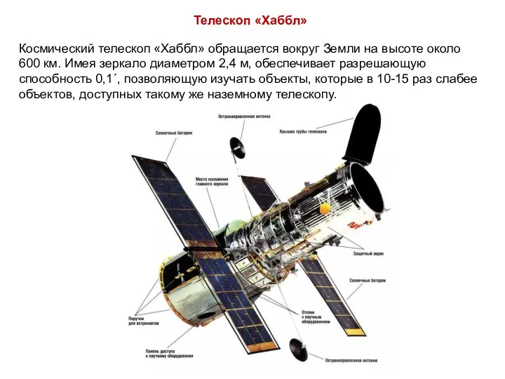 Телескоп «Хаббл» Космический телескоп «Хаббл» обращается вокруг Земли на высоте около