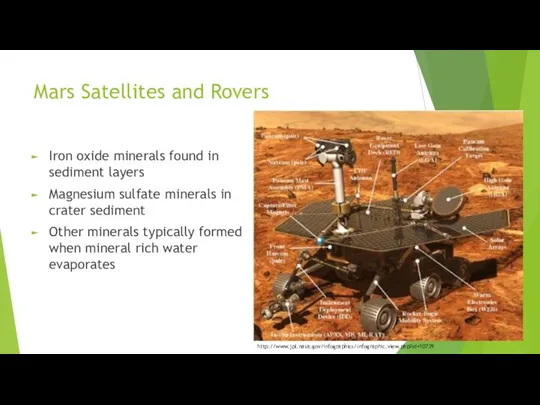 Mars Satellites and Rovers Iron oxide minerals found in sediment layers