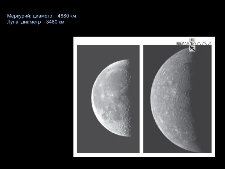 Меркурий: диаметр – 4880 км Луна: диаметр – 3480 км