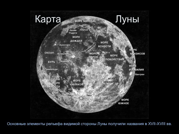 Карта Луны Основные элементы рельефа видимой стороны Луны получили названия в XVII-XVIII вв.