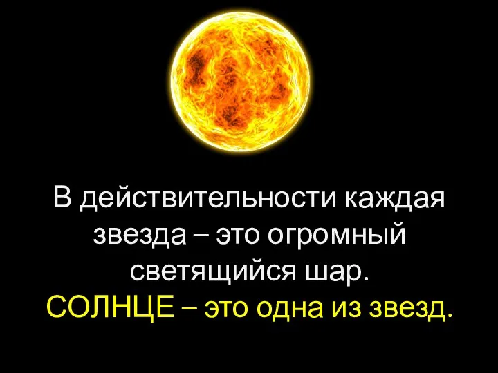 В действительности каждая звезда – это огромный светящийся шар. СОЛНЦЕ – это одна из звезд.