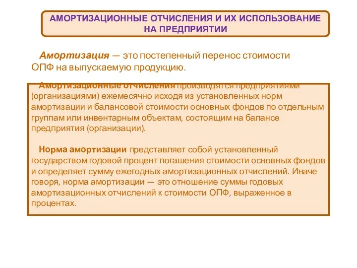 АМОРТИЗАЦИОННЫЕ ОТЧИСЛЕНИЯ И ИХ ИСПОЛЬЗОВАНИЕ НА ПРЕДПРИЯТИИ Амортизация — это постепенный