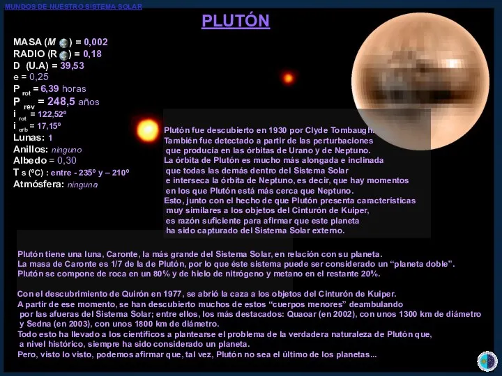 PLUTÓN MASA (M ) = 0,002 RADIO (R ) = 0,18