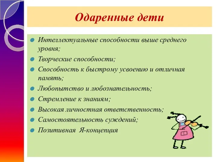 Одаренные дети Интеллектуальные способности выше среднего уровня; Творческие способности; Способность к