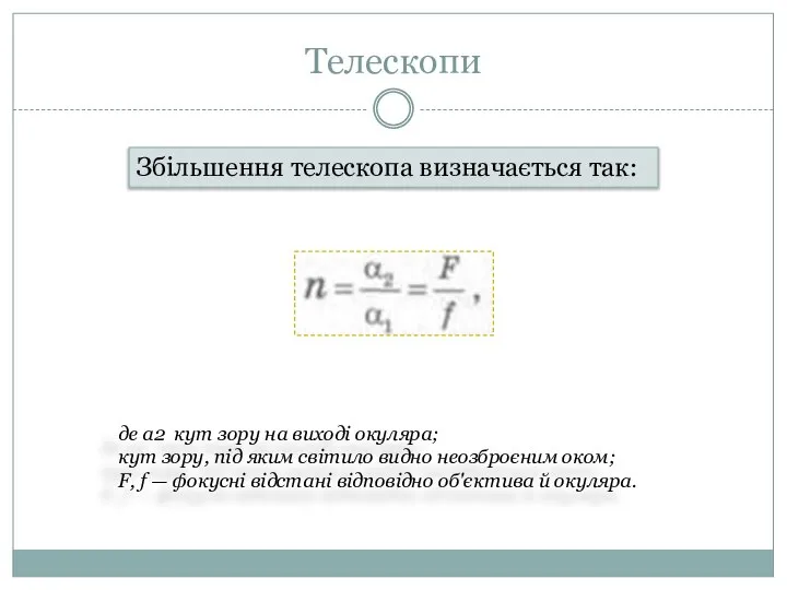 Телескопи Збільшення телескопа визначається так: де а2 кут зору на виході