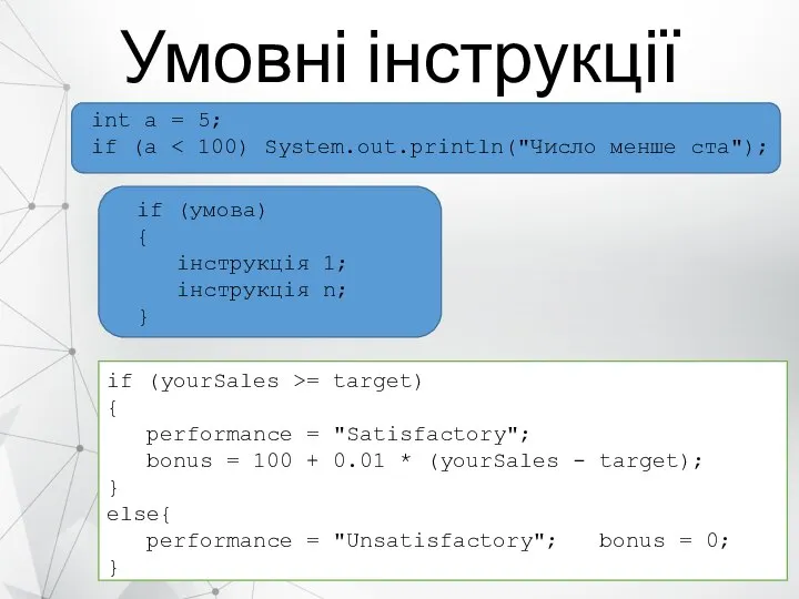 Умовні інструкції int a = 5; if (a if (умова) {