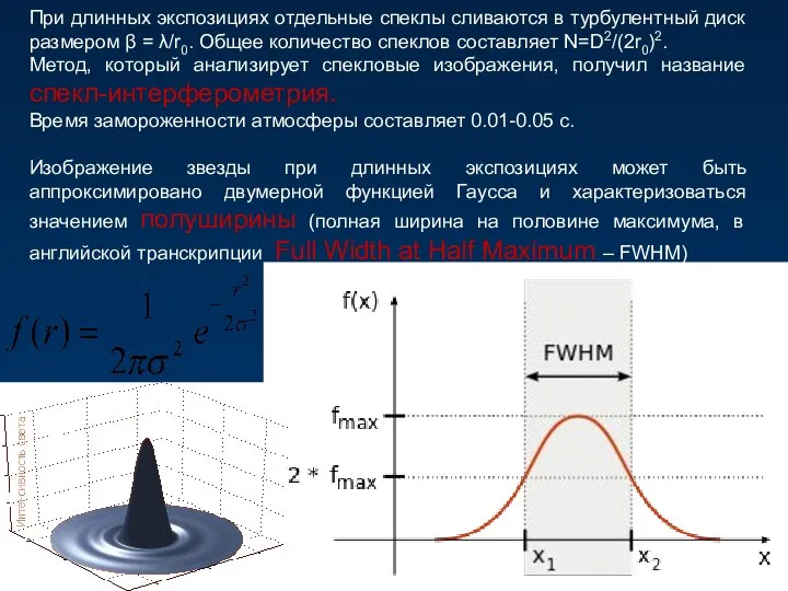 При длинных экспозициях отдельные спеклы сливаются в турбулентный диск размером β