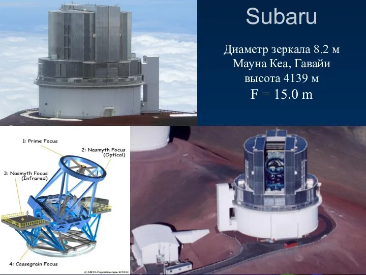 Subaru Диаметр зеркала 8.2 м Мауна Кеа, Гавайи высота 4139 м F = 15.0 m