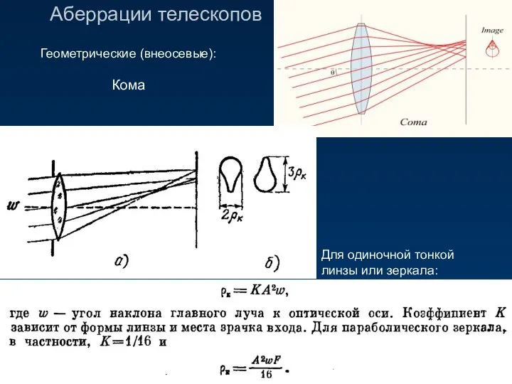 Аберрации телескопов Геометрические (внеосевые): Кома Дисторсия Для одиночной тонкой линзы или зеркала: