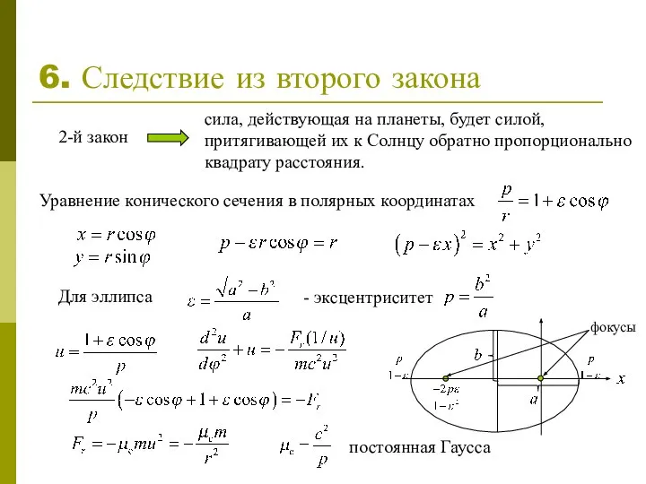 6. Следствие из второго закона постоянная Гаусса 2-й закон сила, действующая