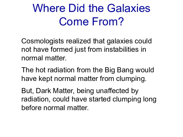 Cosmologists realized that galaxies could not have formed just from instabilities