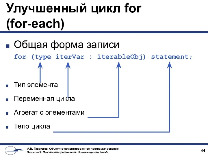 Улучшенный цикл for (for-each) Общая форма записи for (type iterVar :