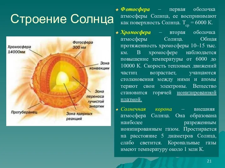 Строение Солнца Фотосфера – первая оболочка атмосферы Солнца, ее воспринимают как