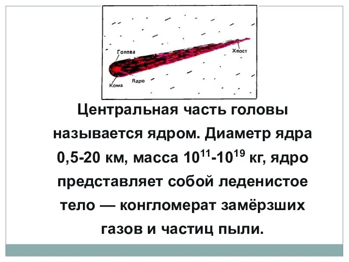 Центральная часть головы называется ядром. Диаметр ядра 0,5-20 км, масса 1011-1019