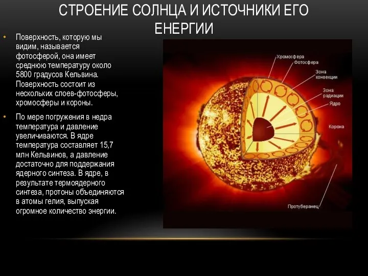 СТРОЕНИЕ СОЛНЦА И ИСТОЧНИКИ ЕГО ЕНЕРГИИ Поверхность, которую мы видим, называется